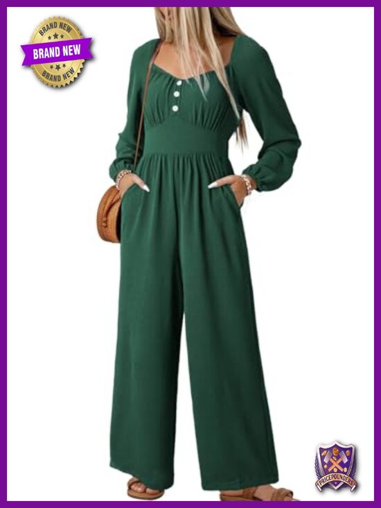 Pants - Women's Long Sleeve Square Neck Jumpsuit with Pockets Wide Leg Romper Casual